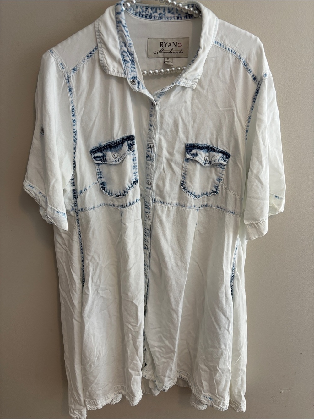 Ryan Michael Women's XL White Acid Wash Denim Western Snap Front Shirt Dress